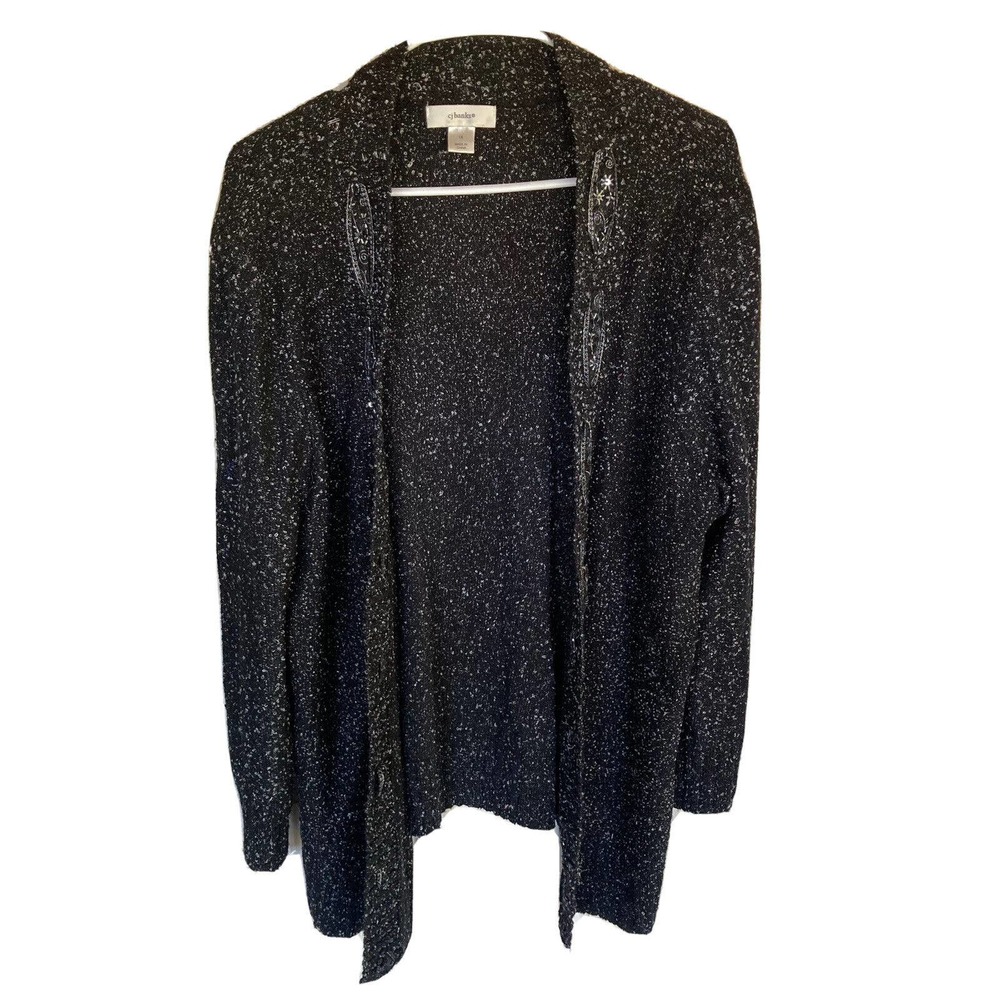 Cj Banks Sweater Womens 1x Plus Black White Cardigan Open Front Knit Embellished